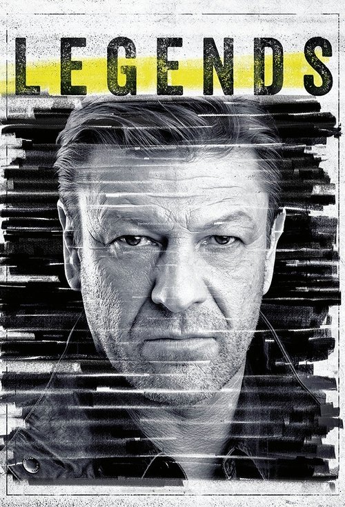 The poster features a close-up of a man with a serious expression, set against a stark black and white background. The word "LEGENDS" is prominently displayed in bold yellow letters at the top, creating a dramatic and mysterious atmosphere. The overall mood is intense and evocative, suggesting a ...