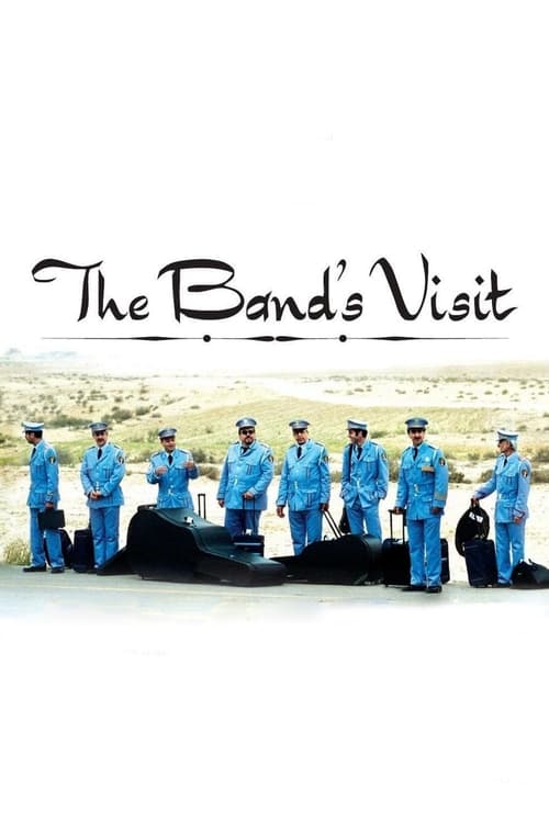 The poster features a group of uniformed band members in matching blue outfits standing solemnly beside a black coffin, evoking a somber and reflective mood. The title "The Band's Visit" is elegantly written in black script at the top, adding a touch of artistic flair to the image.