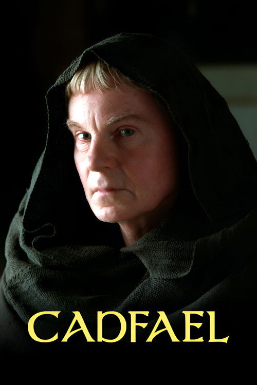 The poster features a dimly lit portrait of a woman in a dark hooded cloak, her expression somber and contemplative. The title "CADFAEL" is prominently displayed in bold, golden letters at the bottom, evoking a sense of mystery and historical drama.