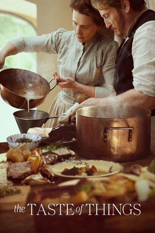The poster features a warm, rustic scene with a woman pouring soup from a copper pot into a large metal bowl while a man watches attentively. The earthy tones of the copper and the soft, natural lighting evoke a cozy, intimate atmosphere, suggesting a culinary journey through time.