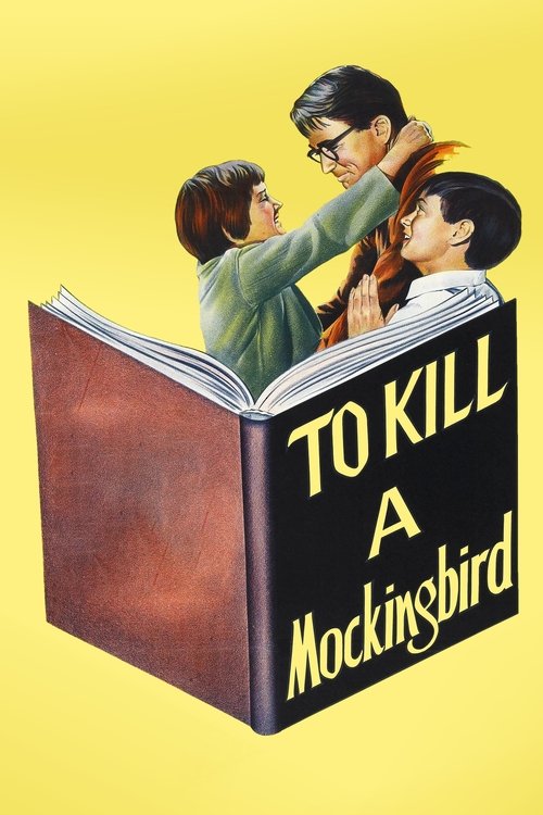 This vintage movie poster depicts a dramatic scene with three characters—two women and a man—engaged in a tense confrontation. The warm yellow background contrasts with the dark, rich tones of the book and the characters' clothing, creating a somber yet hopeful atmosphere. The title "To Kill a Mo...
