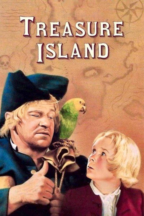 The poster features a pirate man in a blue hat and a young boy with a green parrot perched on his shoulder. The warm, earthy tones and playful expressions convey a sense of adventure and humor.