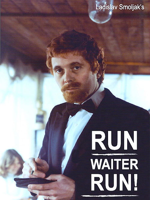The poster features a man with a beard and red hair, dressed in a tuxedo, holding a tray. The background is blurred, suggesting a dimly lit restaurant. The bold text "RUN WAITER RUN!" dominates the lower right, conveying urgency and humor. The overall mood is playful and slightly mischievous, hin...
