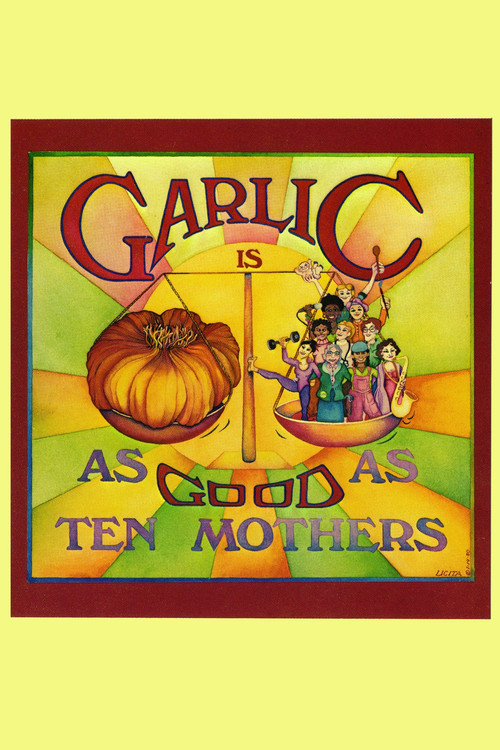 The poster features a central scale balancing garlic and ten mothers, with a pumpkin on the left and a group of people on the right. The warm yellow background and vibrant colors evoke a nostalgic, slightly humorous mood.
