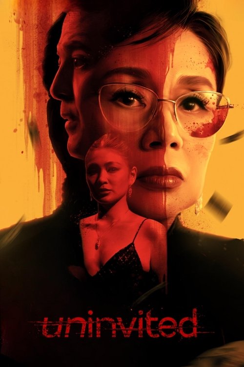 The poster features a dramatic close-up of a woman with glasses, her face partially obscured by a shadowy figure behind her. The warm, fiery orange and red tones create a sense of danger and mystery. The title "Uninvited" is prominently displayed at the bottom, hinting at an unexpected or forbidd...