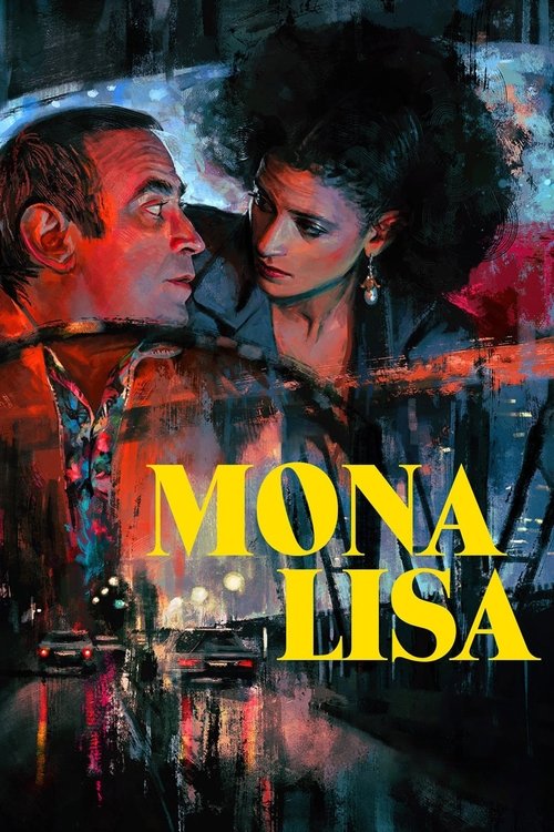 The poster features Mona Lisa in a dramatic pose, her face illuminated by warm reds against cool blues. The title "MONA LISA" is boldly displayed in yellow, evoking mystery and intrigue. The overall mood is mysterious and artistic, capturing the essence of the famous painting.
