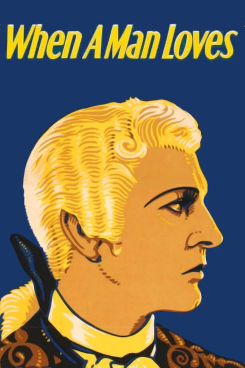 The poster features a golden-haired man in profile against a deep blue background, evoking a sense of timeless elegance and romance. The bold yellow text at the top anchors the composition, while the rich gold and black details on his attire suggest a classic, perhaps slightly dramatic, narrative.