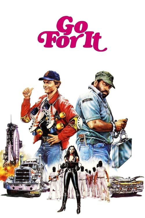 This vibrant movie poster for "Go for It" features a dynamic scene with two men in colorful outfits, one holding a gun and the other a gun case. The background includes a classic car, a woman in black, and a group of people in white, suggesting a thrilling adventure. The bold pink title and energ...