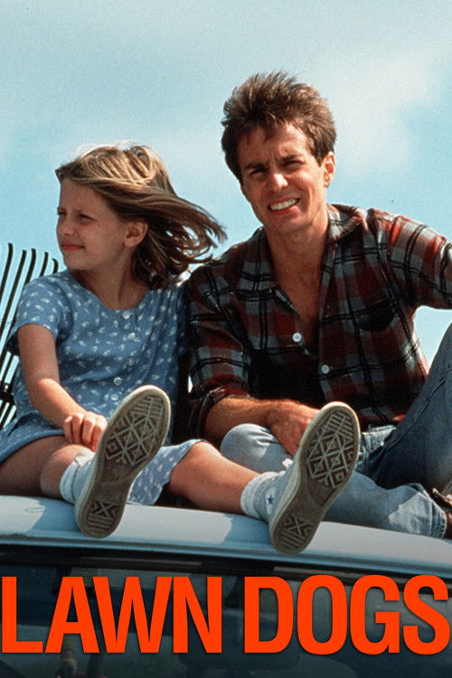 The poster features a man and a young girl sitting on a boat, with the title "LAWN DOGS" prominently displayed in bold orange letters at the bottom. The man is smiling broadly, while the girl looks thoughtful, capturing a nostalgic and warm mood.