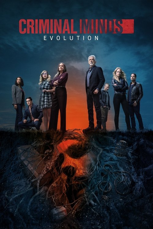 This TV show poster for "Criminal Minds" features six characters standing against a dramatic, stormy sky with a mysterious, swirling vortex below. The warm orange glow contrasts with the cool blues, creating an intense, suspenseful mood that hints at the show's thrilling mystery and high-stakes a...