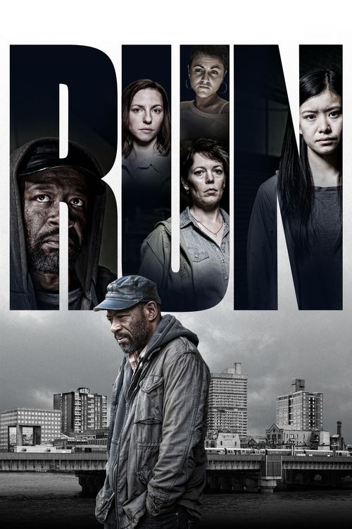 The poster features a gritty, monochromatic image of a man in a cap walking toward a city skyline, with the title "RUN" prominently displayed in bold, fragmented letters. The mood is tense and urban, reflecting themes of survival and struggle.