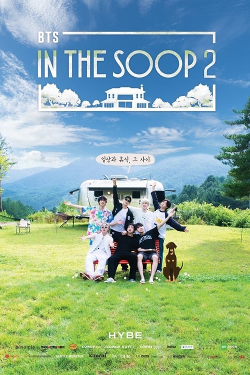 The poster features a serene outdoor scene with a group of people gathered on a grassy field, exuding a peaceful and nostalgic mood. The colors are vibrant yet harmonious, with greens, blues, and warm tones creating a visually appealing composition. The title "BTS In the SOOP 2" is prominently di...