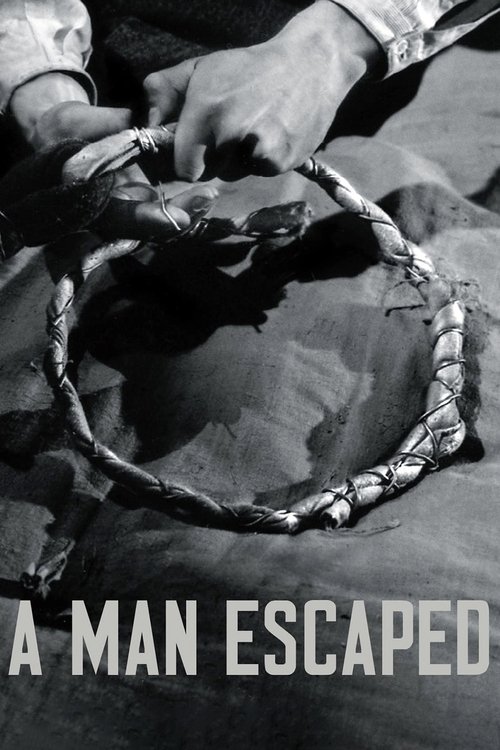 A black-and-white film poster featuring a close-up of hands weaving a rope, evoking themes of struggle and survival. The gritty, textured background suggests a gritty, realistic aesthetic. The title "A MAN ESCAPED" is prominently displayed at the bottom, hinting at a dramatic narrative.