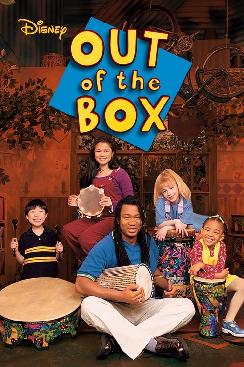 The poster features six diverse children in colorful, eclectic outfits, exuding a playful and vibrant mood. The warm, dimly lit background with soft shadows enhances the cozy, nostalgic atmosphere. The title "Out of the Box" stands out in bold yellow letters against a blue backdrop, symbolizing c...