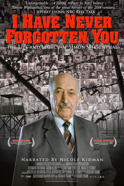 The poster features a somber portrait of Simon Wiesenthal against a backdrop of war-torn imagery. The muted tones of sepia and black evoke a melancholic atmosphere, while the bold red title draws attention to the film's significance.