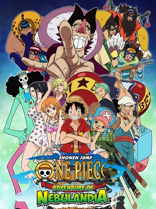 The vibrant poster features a dynamic group of characters from the One Piece franchise, including Luffy, Nami, Sanji, and others, set against a colorful, energetic backdrop. The scene exudes excitement and adventure, with bright hues like red, blue, and yellow dominating the composition. The over...