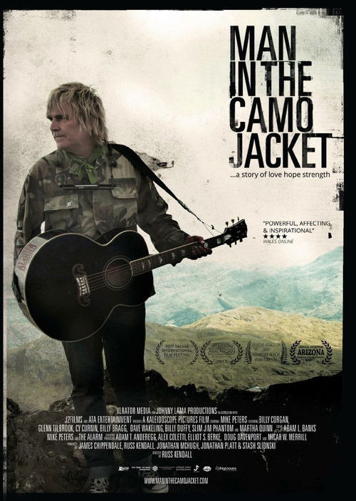 The poster features a lone figure in a camouflage jacket playing an acoustic guitar against a muted, earthy background. The muted tones evoke a somber, reflective mood, while the solitary figure and guitar suggest themes of solitude and introspection.
