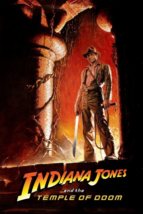 The poster features Indiana Jones standing in a dramatic, fiery red and orange environment, surrounded by ancient, crumbling stone structures. The warm, intense lighting creates a sense of danger and mystery, while the bold, stylized title at the bottom emphasizes the film's epic scale.