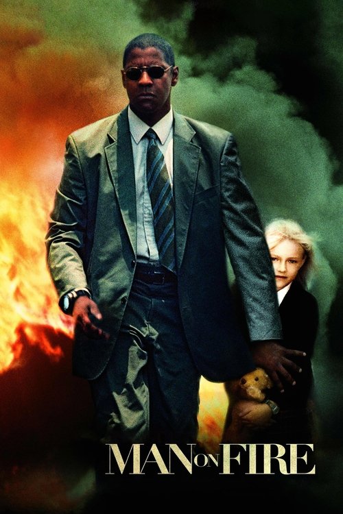 The poster features a man in a suit walking through a fiery, smoky landscape, with a woman in the background. The intense colors of orange, green, and dark tones evoke a sense of danger and urgency, capturing the film's gritty and dramatic atmosphere.