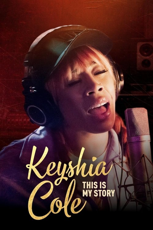 Keyshia Cole is captured in a dramatic performance, wearing headphones and singing into a microphone. The warm, reddish tones create an intimate and emotional atmosphere, highlighting her expressive face and the powerful presence of the music.
