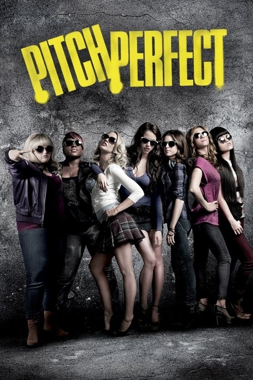 The poster features a group of stylish, confident women in leather jackets and skirts, exuding a rebellious and edgy vibe. The bold yellow title "Pitch Perfect" stands out against a gritty, textured background, capturing the film's comedic and action-packed essence.