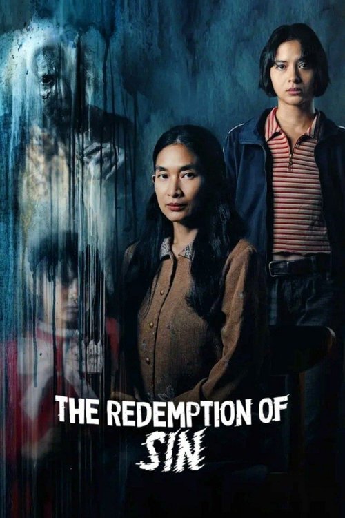 The poster features two women standing in a dark, moody setting with eerie, ghostly figures in the background. The cool blues and blacks create a suspenseful atmosphere, while the title "The Redemption of Sin" is prominently displayed in bold white letters.