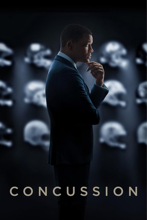 A man in a dark suit stands in front of a wall of skull heads, holding a cup to his mouth. The scene is dimly lit with cool tones, creating a mysterious and somber mood. The word "CONCUSSION" appears at the bottom in bold, metallic letters.
