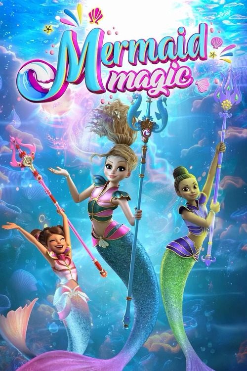 This vibrant poster features three mermaids dancing in a magical underwater setting, surrounded by sparkling bubbles and glowing lights. The title "Mermaid Magic" is prominently displayed in playful, colorful letters. The overall mood is joyful and enchanting, capturing the essence of a fun, anim...