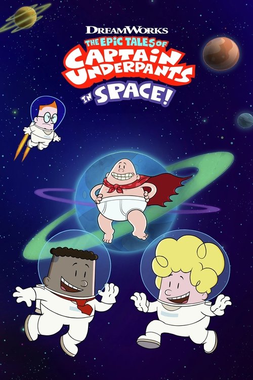 This vibrant TV poster features Captain Underpants in a space-themed adventure, surrounded by playful astronauts and planets. The bright colors and whimsical characters evoke a joyful, imaginative mood, capturing the essence of the beloved children's show.