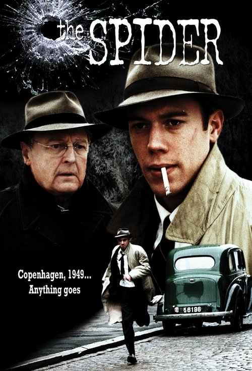 This TV show poster for "The Spider" features a dramatic scene with two men in vintage attire, one smoking a cigarette and the other wearing a hat. The sepia-toned background evokes a nostalgic, noir atmosphere, while the green vintage car adds a touch of mid-century charm. The poster conveys a s...