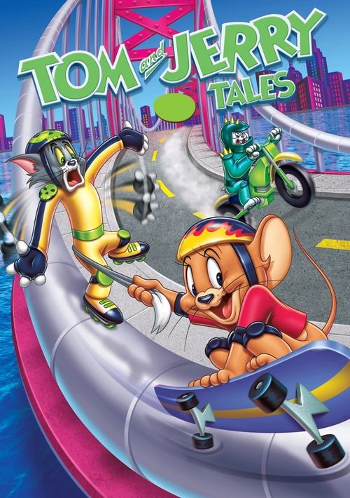 A cartoon action scene features Tom Jerry riding a skateboard while chasing a robot and a motorcycle. The vibrant colors of pink, purple, and blue create a dynamic and energetic atmosphere.