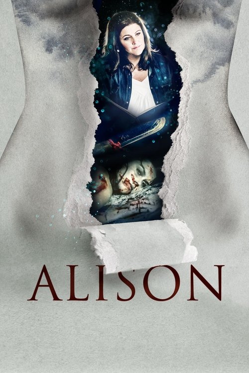 The poster features a woman with dark hair standing in a torn doorway, surrounded by eerie, ghostly figures. The colors are muted and gothic, with a somber tone that hints at a supernatural mystery. The title "ALISON" is prominently displayed at the bottom, suggesting a thriller or horror film.