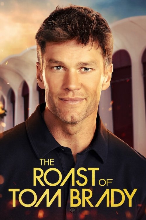 The poster features a close-up of Tom Brady against a warm, sunset backdrop with blurred stadium lights. The bold, golden text announces the movie, evoking a sense of excitement and anticipation.