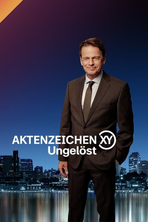 The poster features a man in a dark suit against a vibrant gradient background transitioning from purple to blue. The cityscape at the bottom adds depth, while the logo "AKTENZEICHEN XY… ungelöst" is prominently displayed. The mood suggests mystery and intrigue, hinting at an ongoing case or inve...