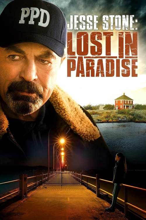 The poster features a rugged man in a black cap with "PPD" emblazoned on it, exuding a tough, mysterious aura. The warm, golden hues of the sunset cast dramatic shadows on the wooden pier, while a lone figure stands in the water, evoking a sense of isolation and adventure. The title "Jesse Stone:...