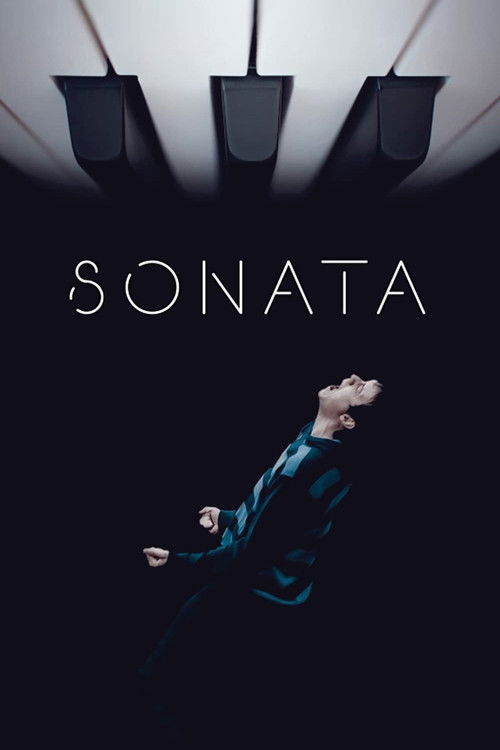 The poster features a dramatic silhouette of a person in motion against a dark background, with three hanging lights above. The title "SONATA" is prominently displayed in bold, white letters. The overall mood is mysterious and cinematic, evoking a sense of suspense and artistic expression.