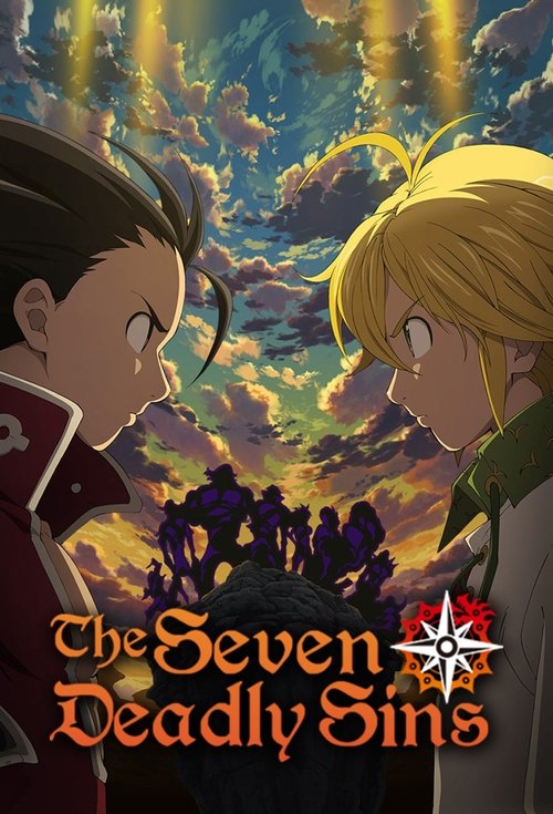 The poster features two anime characters facing each other against a dramatic, colorful sky filled with swirling clouds and vibrant hues. The mood is intense and mysterious, suggesting a supernatural or fantasy setting. The title "The Seven Deadly Sins" is prominently displayed in bold, stylized ...