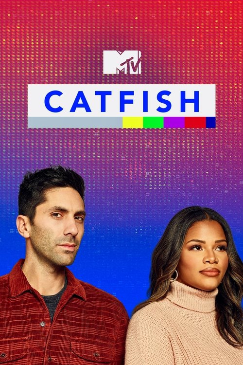 The poster features a man and woman against a vibrant gradient background transitioning from red to blue. The "MTV" logo sits prominently at the top, with the title "CATFISH" displayed in bold letters. The mood is intriguing, suggesting a drama or thriller.