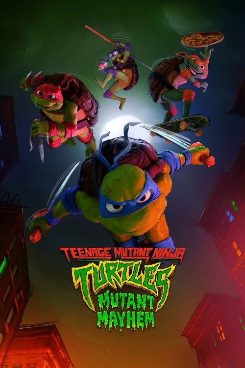 The poster features four Teenage Mutant Ninja Turtles in dynamic poses, each wielding their signature weapons against a dark, ominous background. The vibrant colors of their outfits contrast sharply with the ominous red and black tones of the setting. The mood is intense and action-packed, captur...