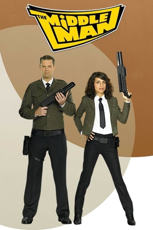 The Middleman poster features two characters in tactical gear against a warm, earthy background. The man on the left wears a green uniform and holds a rifle, while the woman on the right dons a black outfit with a gun, exuding confidence. The bold yellow logo at the top sets a gritty tone, sugges...