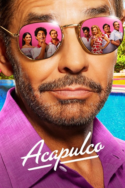The poster features a man in a purple shirt and aviator sunglasses reflecting a vibrant group of people in colorful outfits against a blue background. The mood is playful and energetic, suggesting a lively and fun-filled narrative.