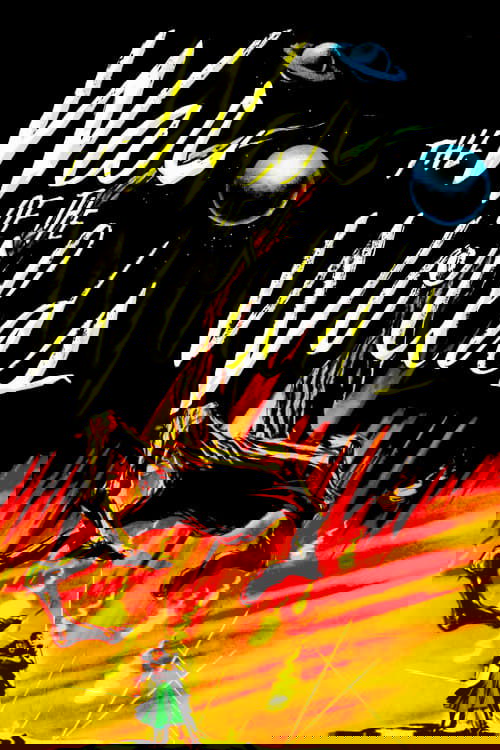 The poster depicts a dramatic scene with a lone figure in a green coat standing amidst fiery explosions and swirling cosmic debris. The title "The War of the Worlds" is prominently displayed in bold, yellow, gothic-style lettering against a black background. The overall mood is one of impending d...