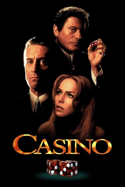 The poster features three characters against a dark background, with one man holding a coin and two others looking concerned. The golden title "CASINO" glows warmly, evoking suspense and intrigue.