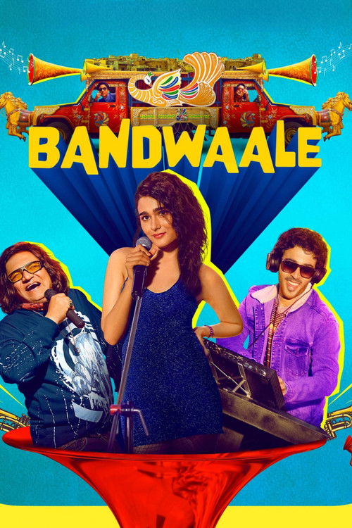 The vibrant poster features three energetic characters in colorful outfits, exuding a lively and fun atmosphere. The bold yellow title "Bandwaale" dominates the center, while a red pedestal and musical instruments suggest a musical performance. The dynamic composition and bright colors evoke a se...