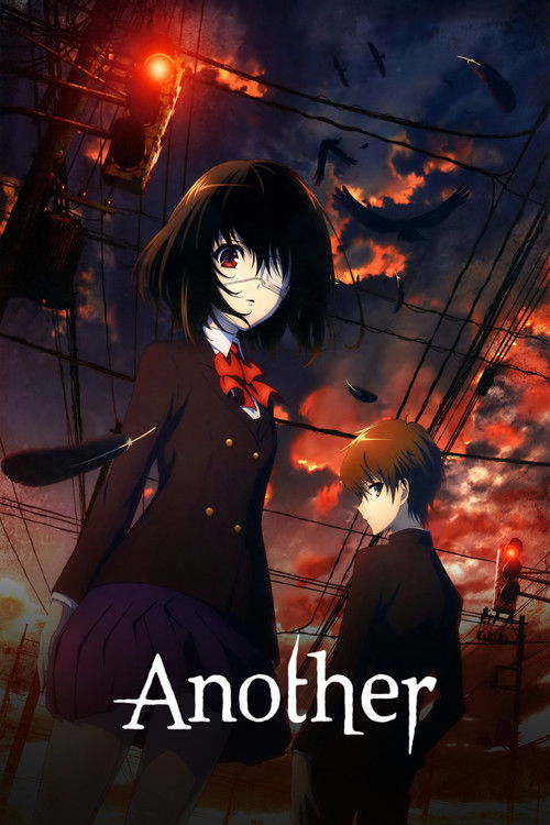 The poster features two anime characters in a dramatic, fiery scene. One girl with dark hair stands prominently, while a boy looks on from behind. The background is filled with burning buildings and smoke, creating a sense of destruction and urgency. The title "Another" is displayed prominently a...