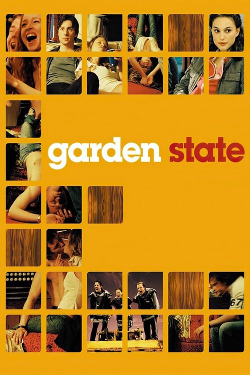 The poster features a collage of diverse people in warm, earthy tones, evoking a nostalgic, intimate atmosphere. The bold "Garden State" title stands out against the vibrant orange background, suggesting a blend of personal connection and modern storytelling.
