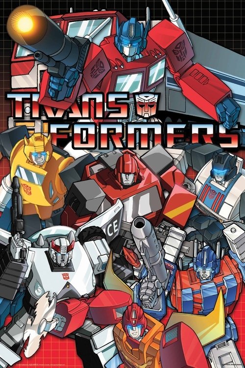 The Transformers poster features a dynamic scene with multiple robot characters in vibrant colors like red, blue, and yellow. The characters are posed in an action-ready stance, suggesting a thrilling adventure. The bold title and energetic composition convey excitement and anticipation for the s...