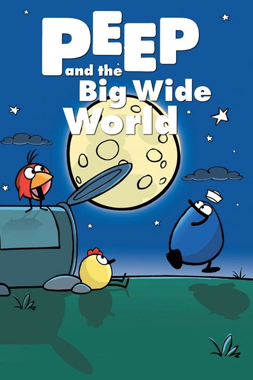 The poster features two characters, a red bird and a yellow chick, standing near a large moon with a rocket ship. The night sky is dark with stars, and the green grass at the bottom suggests a cozy, nighttime setting. The overall mood is whimsical and playful, capturing the essence of a fun, imag...