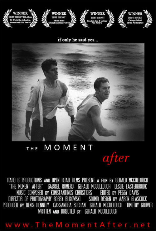 The poster features two men in a somber, reflective pose against a muted, sepia-toned background. The title "The Moment After" is prominently displayed in bold, white text, with the word "after" highlighted in red. The overall mood is melancholic and introspective, evoking themes of regret and ti...