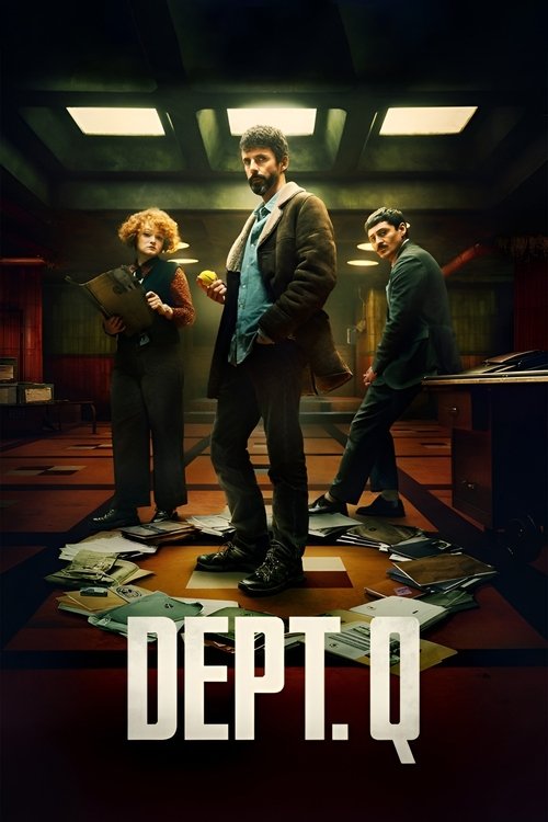 The poster features four characters in a dimly lit, gritty office setting. The central figure stands confidently while others move around him, suggesting a tense or mysterious atmosphere. The muted tones and shadows enhance the suspenseful mood of the show.